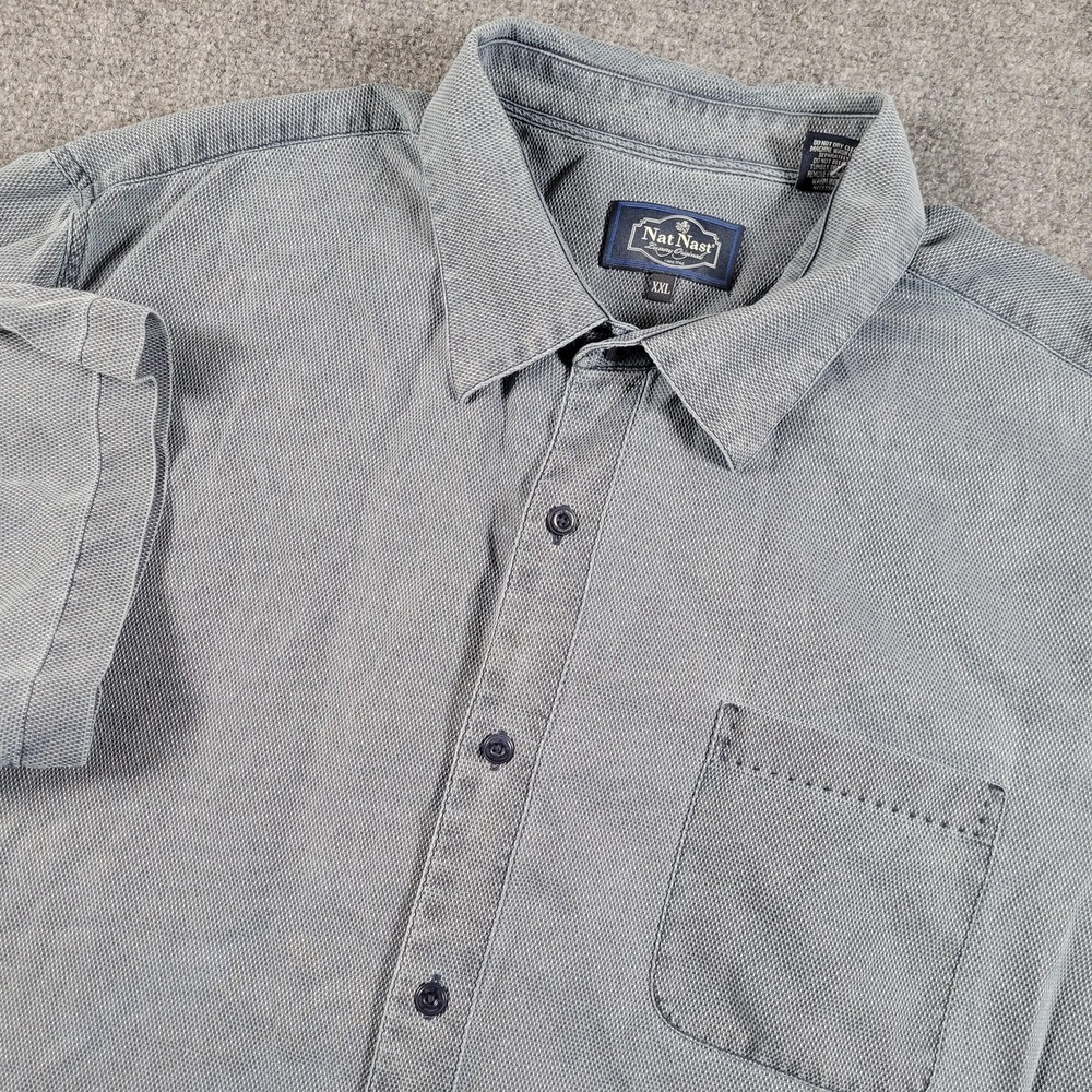 Nat Nast Shirt Mens 2XL Gray Silk Cotton Blend Short Sleeve‎ Button Up Pocket